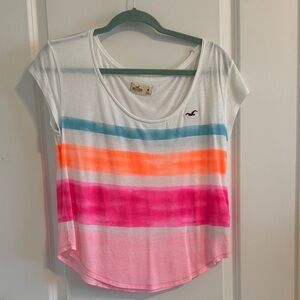 Hollister White Tee with Pink and Orange Stripes